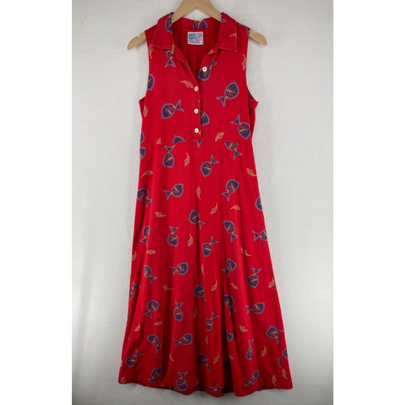 ZIP CODE Dress M Fish Shell Print Popover Maxi Sleeveless Jersey Cotton Red - Picture 1 of 15